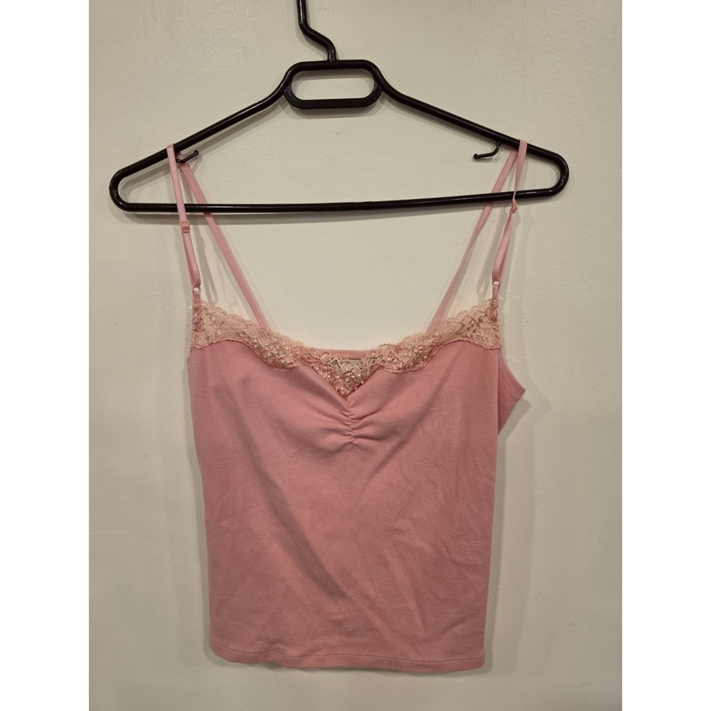 Vintage Y2K Maurices Pink Lace Pearl Sequin Cami Large Coquette Feminine